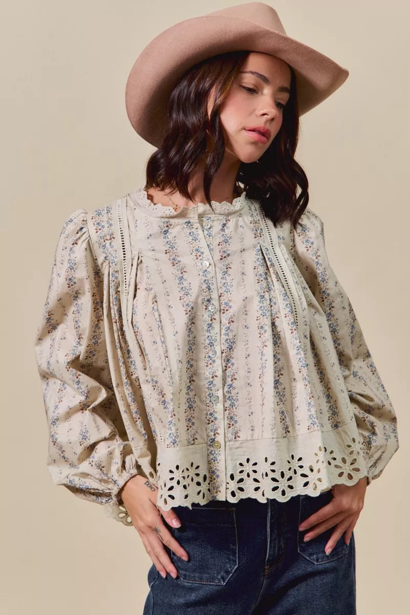 SO ME Floral Print Lace Button Down Shirt OutfitFlow