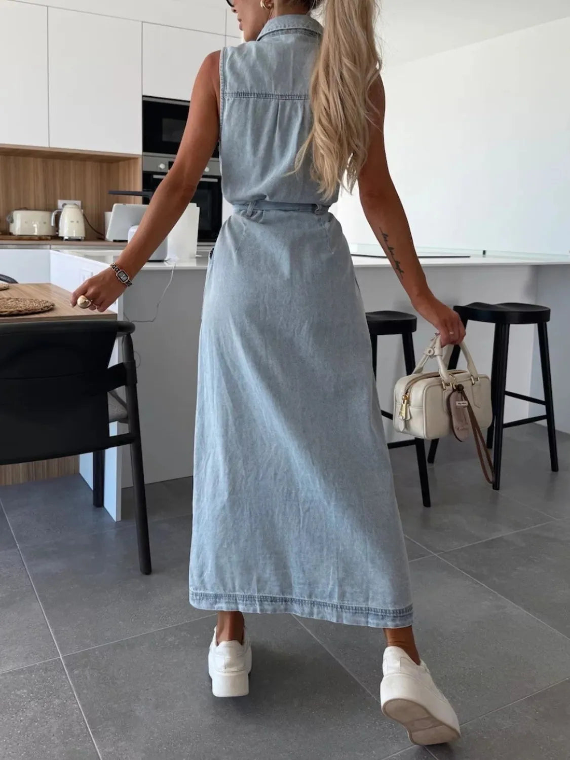 Button Front Sleeveless Denim Dress OutfitFlow