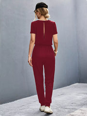 Casual V-Neck Short Sleeve Drawstring Waist Jumpsuit Trendsi