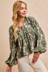 BiBi Printed Woven Front Tied Blouse with Baloon Sleeve OutfitFlow