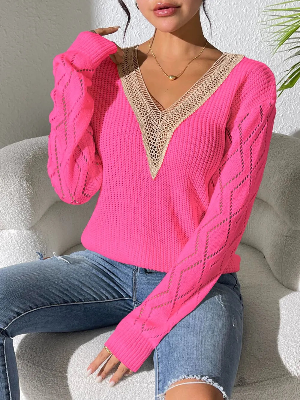 Openwork V-Neck Long Sleeve Sweater Strawberry Trendsi