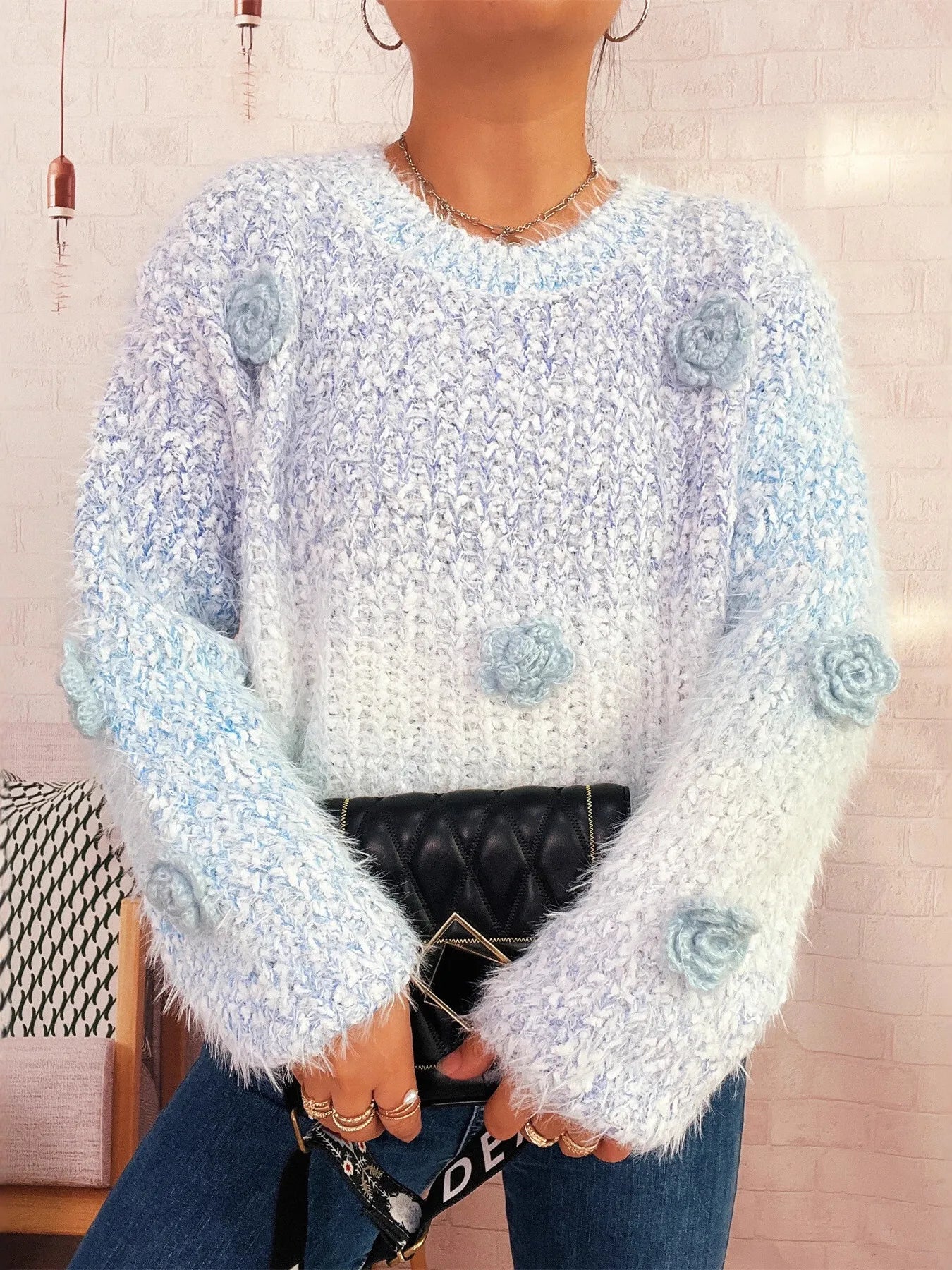 Flower Embellished Round Neck Sweater OutfitFlow