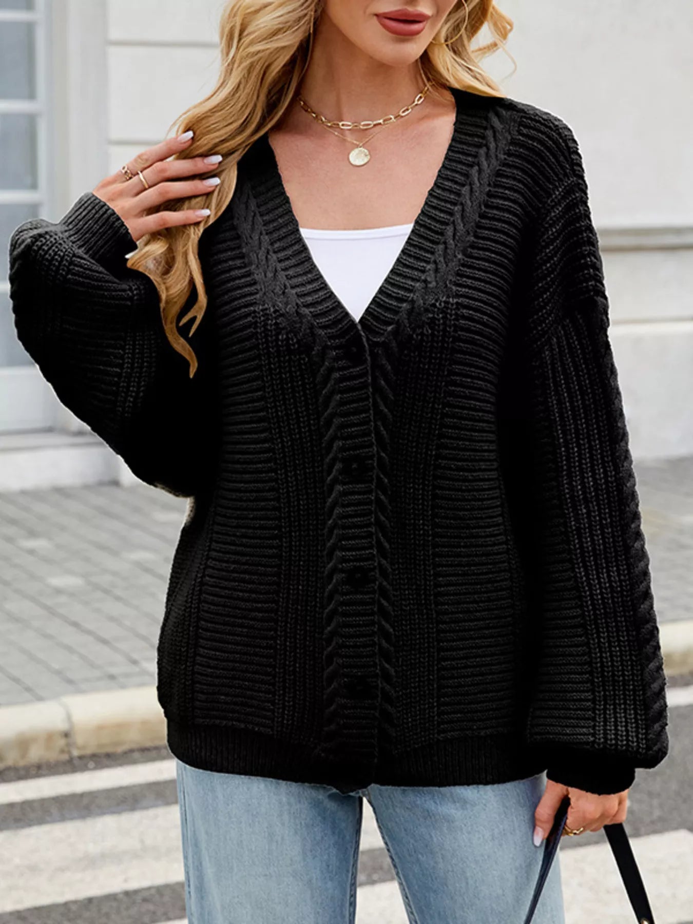 Button Up Long Sleeve Cardigan Black OutfitFlow