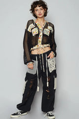 POL Vintage Washed Crochet Hoodie Jacket With Patchwork OutfitFlow