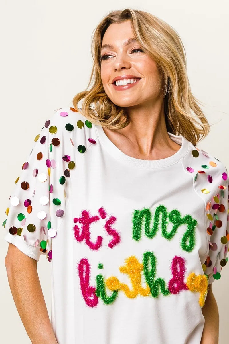 BiBi Metallic Letter Spangle Raglan Puff Sleeve Top OutfitFlow