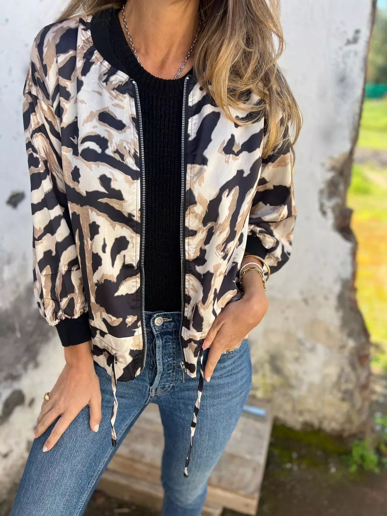 Full Size Zip Up Zebra Print Bomber Jacket Plus Size OutfitFlow