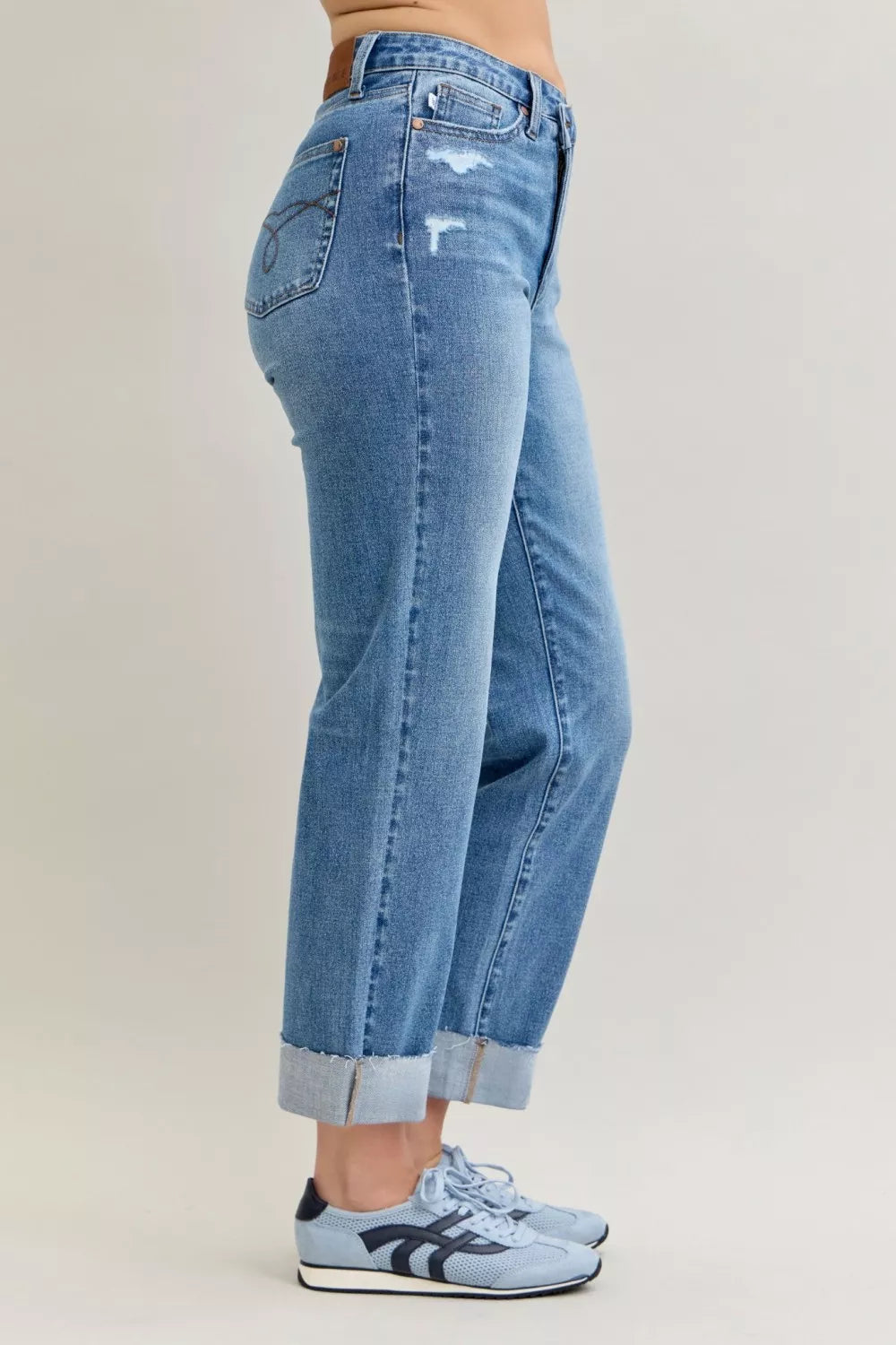 Judy Blue High Waist Bf Criss-cross Mild Destroy Jeans with Single Cuff OutfitFlow