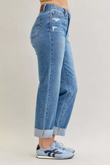 Judy Blue High Waist Bf Criss-cross Mild Destroy Jeans with Single Cuff OutfitFlow