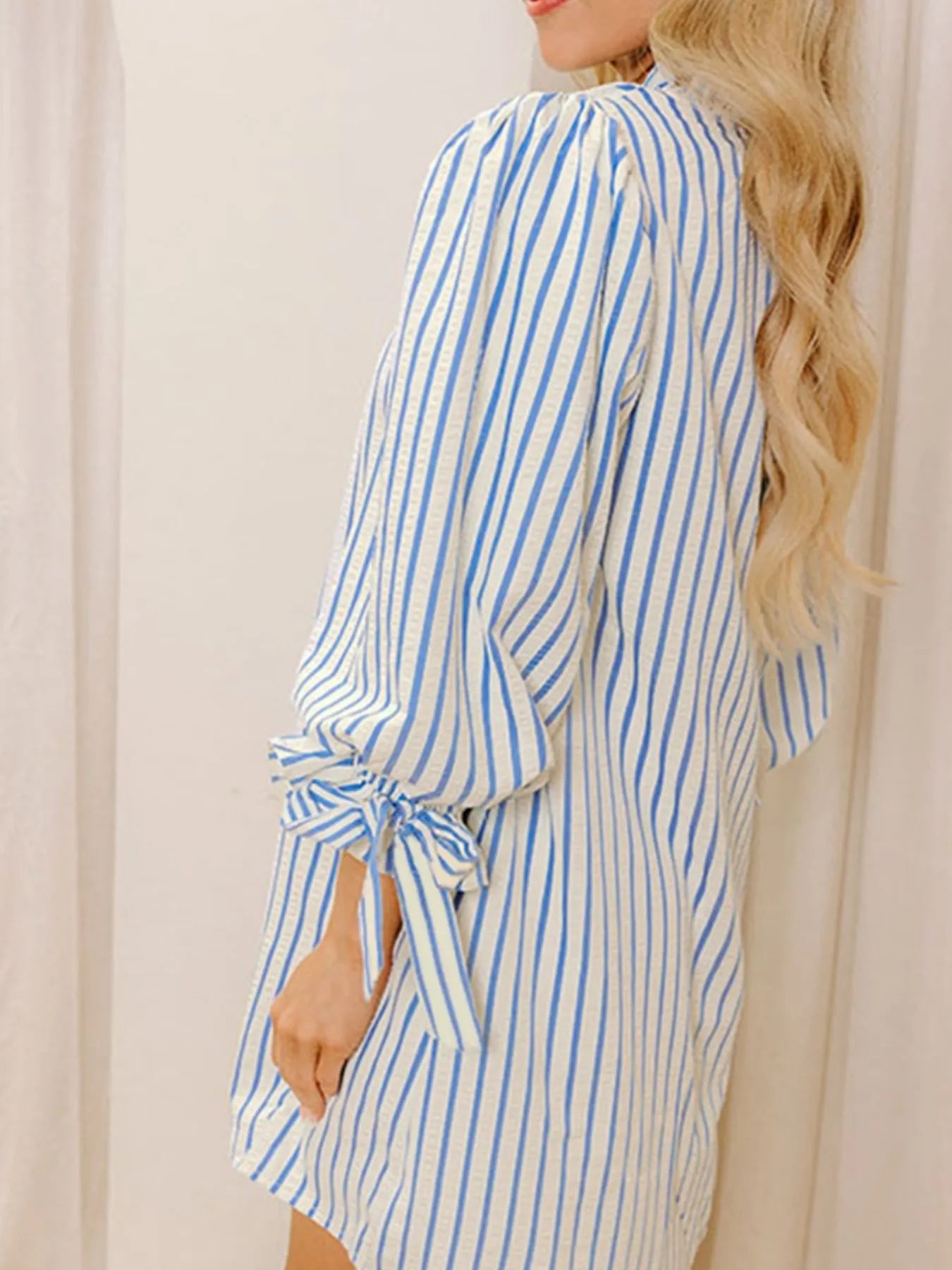 Stripe Knotted Sleeve Notched Shift Mini Dress OutfitFlow
