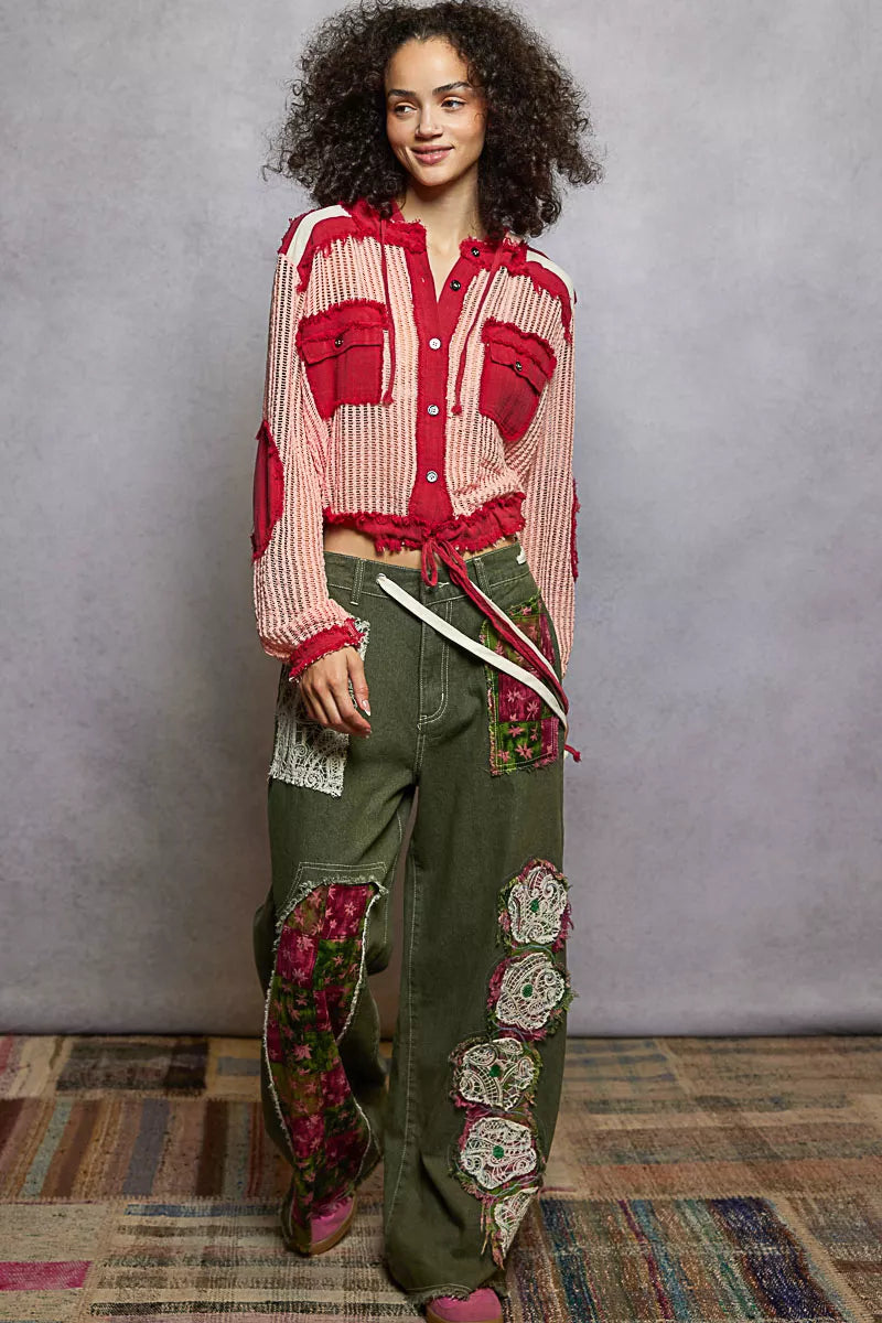 POL Texture Woven Button Down Hooded Shirt with Drawstring Hem OutfitFlow