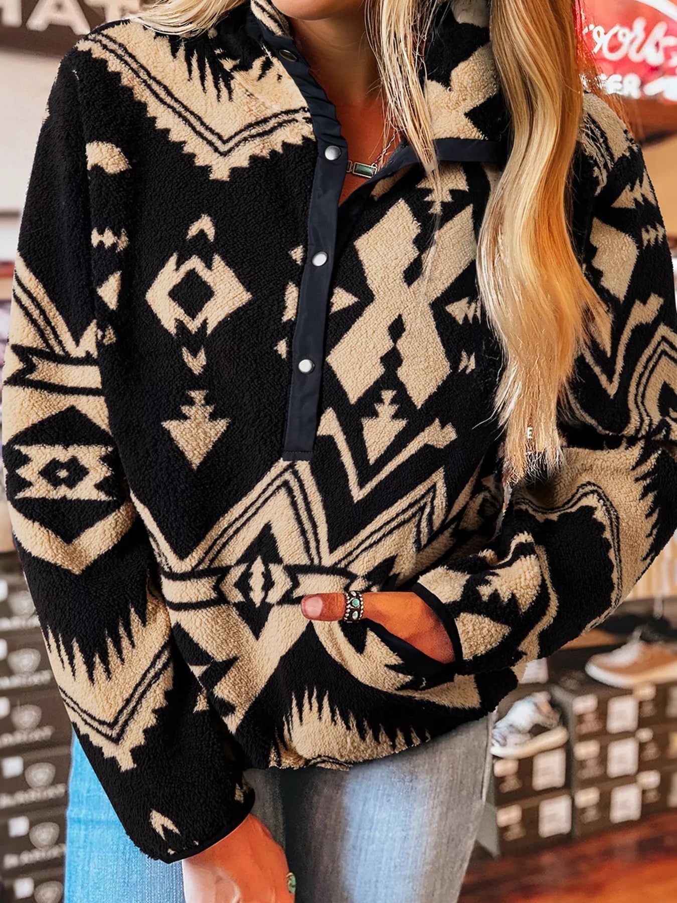 Western Aztec Half Zip Plush Sweatshirt Black OutfitFlow
