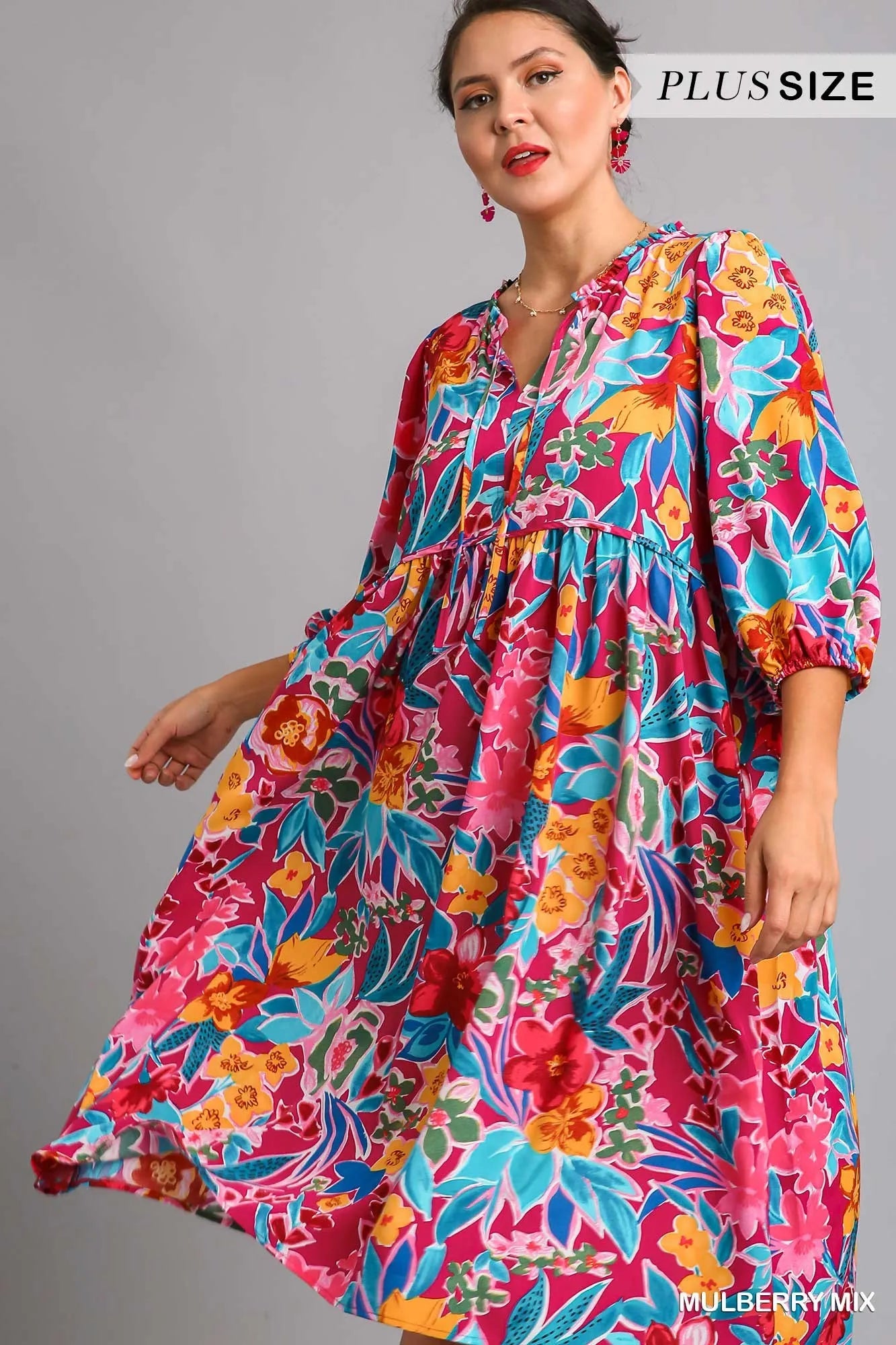Umgee Full Size Floral Print Tie Neck Midi Dress with Pockets Plus Size Trendsi