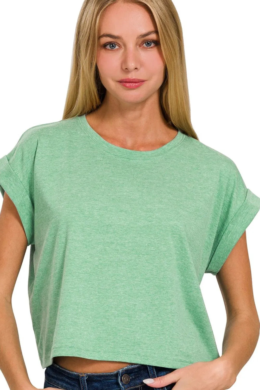 Zenana Rolled Sleeve Crop T-Shirt OutfitFlow