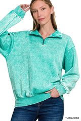 Zenana Acid Wash Fleece Quarter Zip Sweatshirt OutfitFlow