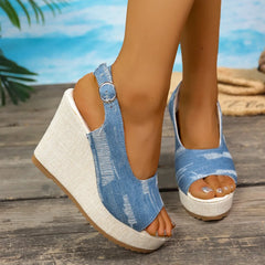 Peep Toe Wedge Sandals Light Blue OutfitFlow