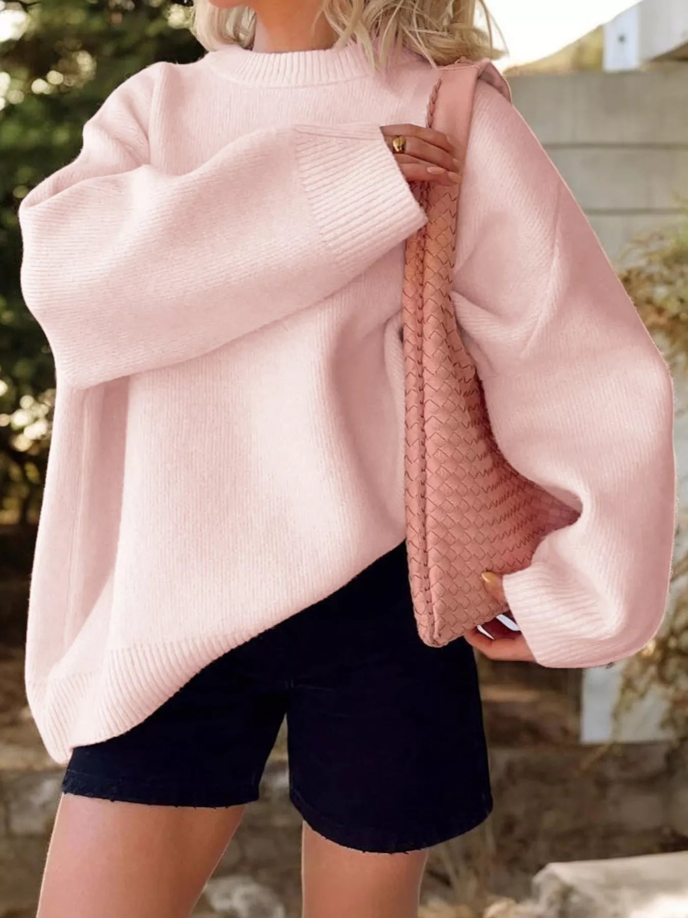Ribbed Round Neck Dropped Shoulder Sweater OutfitFlow