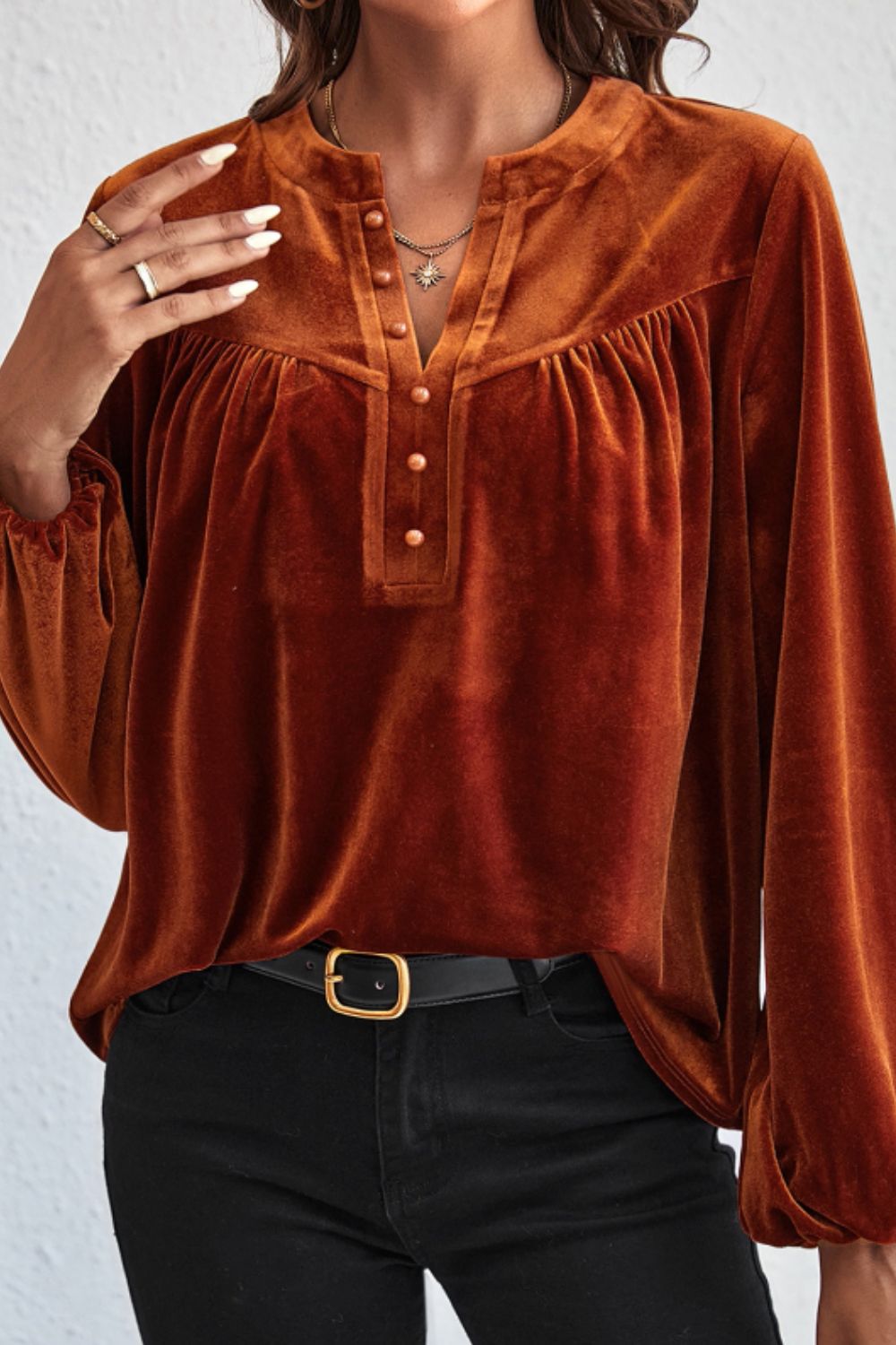 Outfit Flow - Notched Long Sleeve Velvet Top