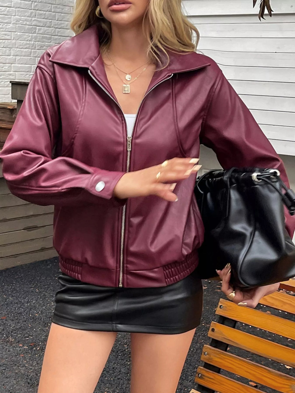 Zip Up Long Sleeve Jacket Deep Red OutfitFlow
