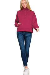 Zenana Scuba Half Zip Sweatshirt with Pockets Trendsi