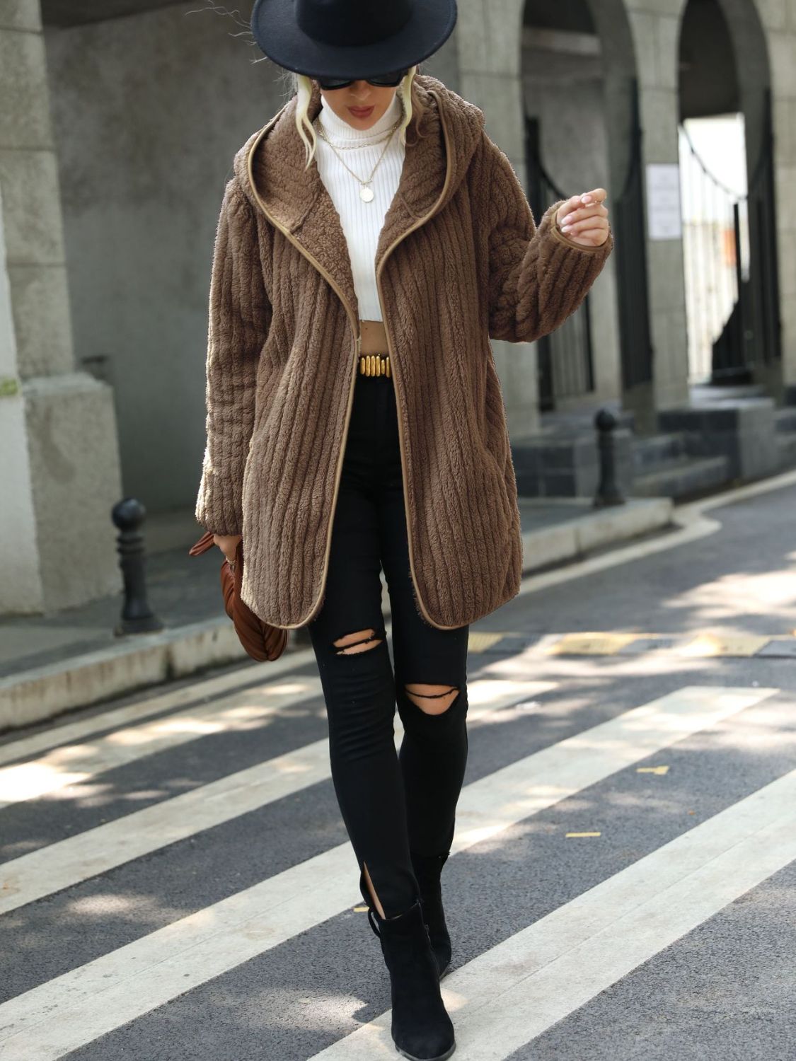 Open Front Ribbed Hooded Coat Trendsi