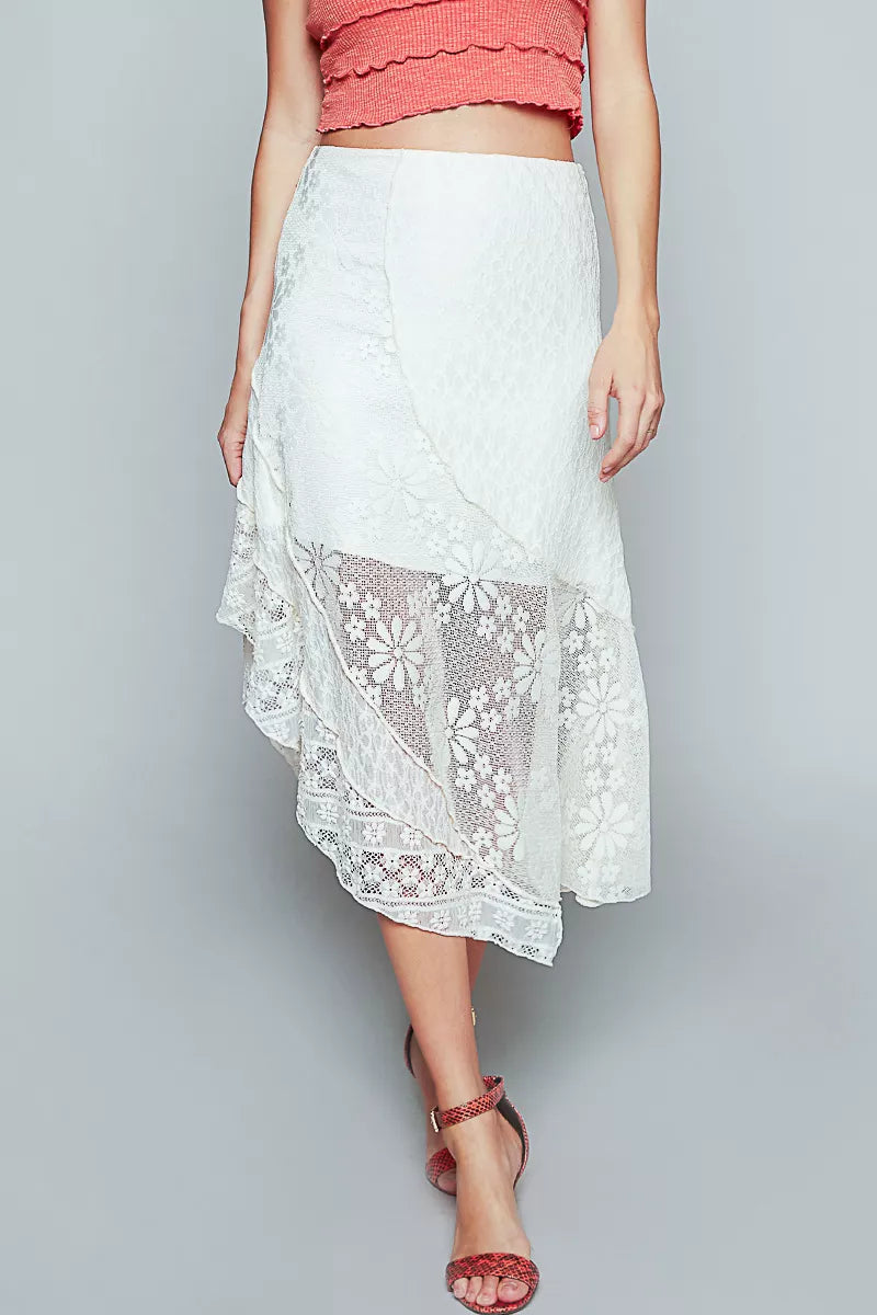 POL Ruffled Floral Lace Skirt with Unbalanced Hem OFF WHITE OutfitFlow