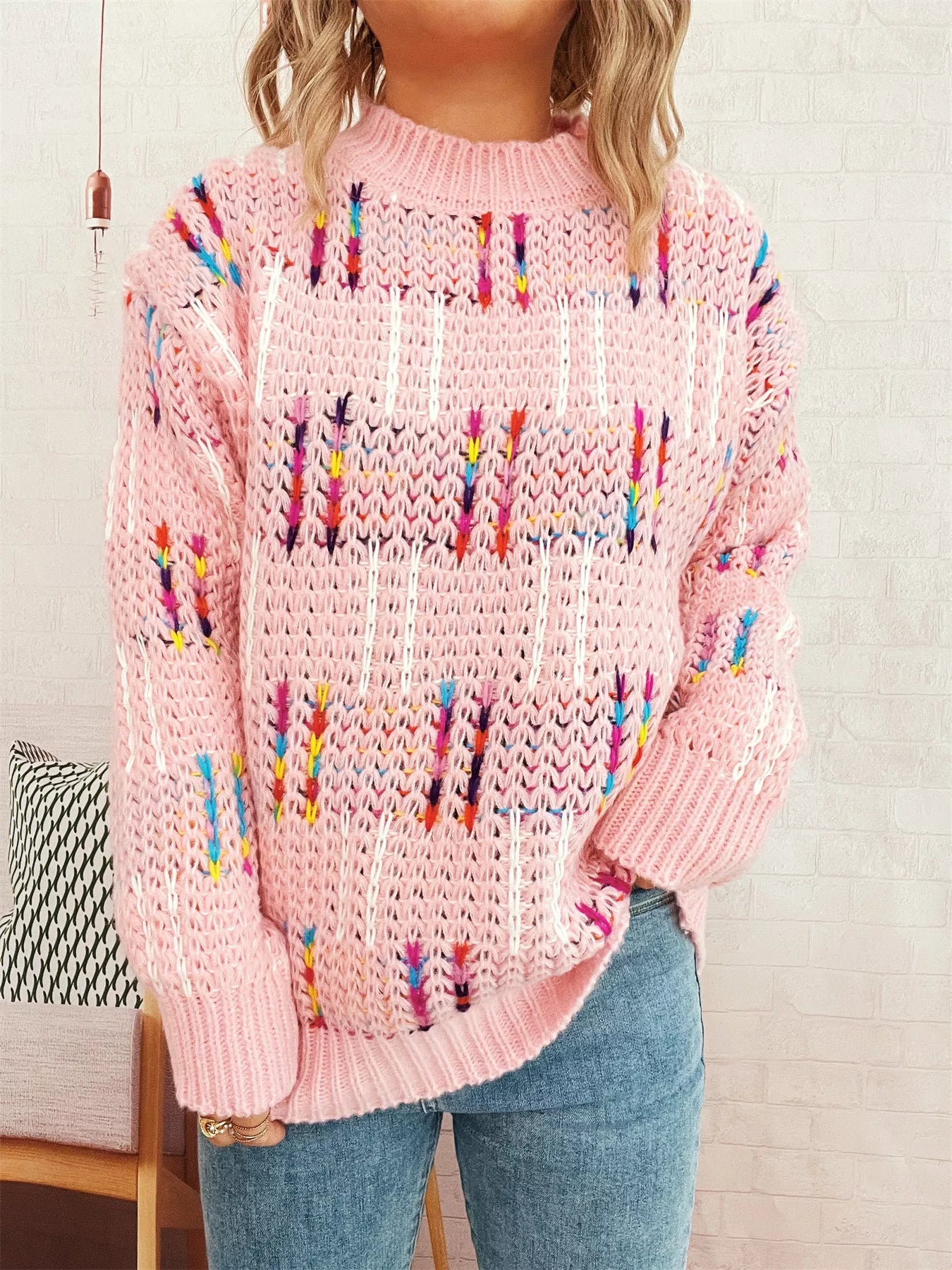 Colorful Round Neck Long Sleeve Sweater OutfitFlow