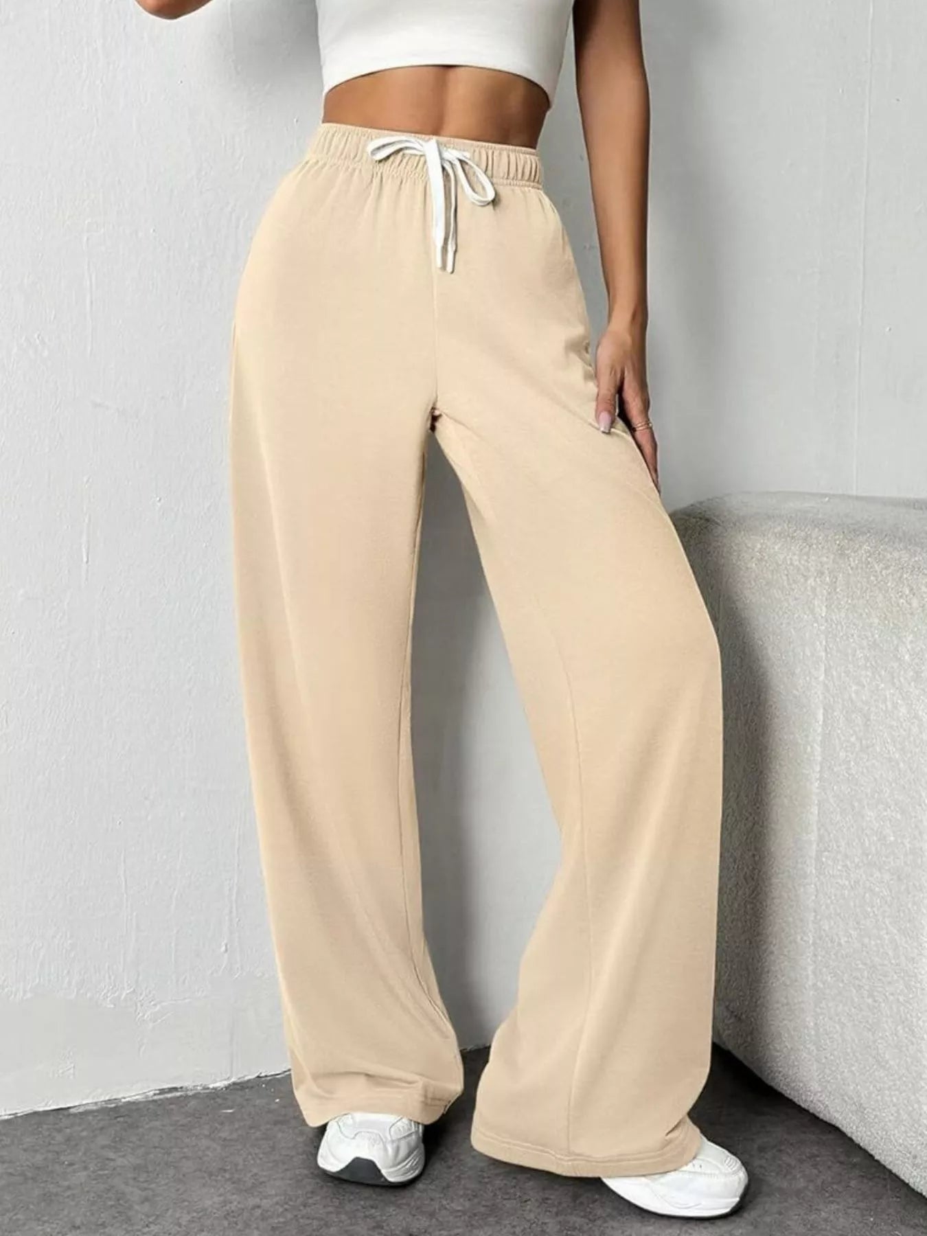 Drawstring Wide Leg Pants Beige OutfitFlow