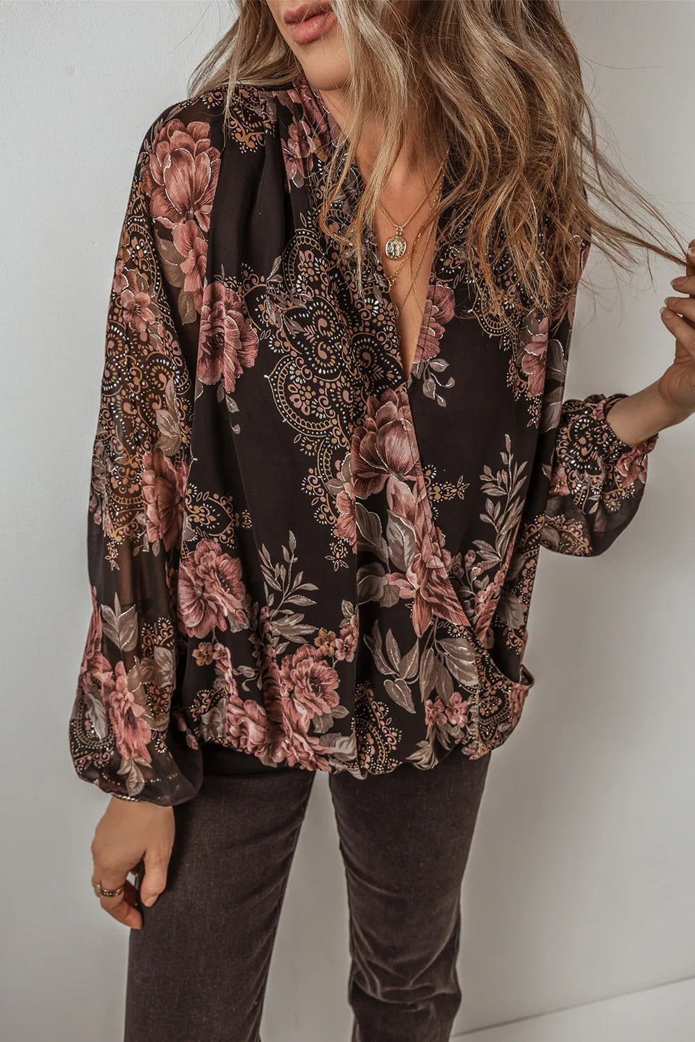 Printed Surplice Long Sleeve Blouse