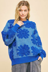 Davi & Dani Flower Texture Round Neck Dropped Shoulder Sweater