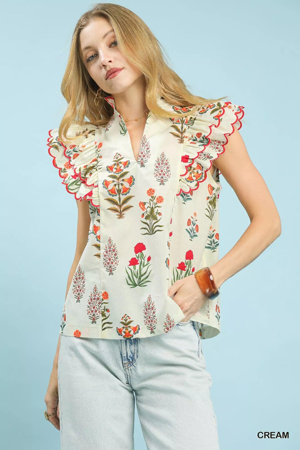 Umgee Block Floral Print Top CREAM OutfitFlow