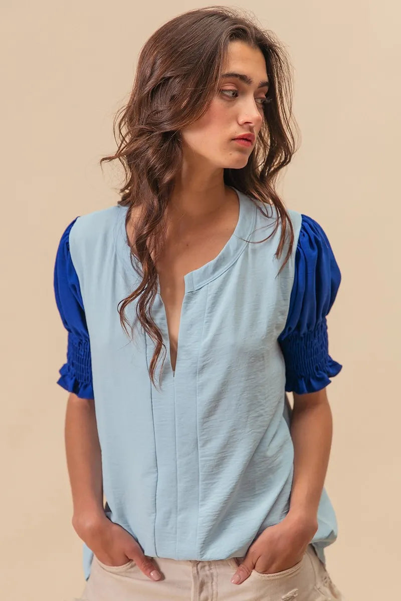 BiBi Air Flow Color Block Puff Sleeves V Neck Top OutfitFlow