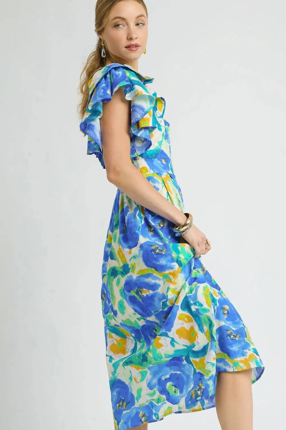 Umgee Floral Ruffled Cap Sleeve Midi Dress OutfitFlow