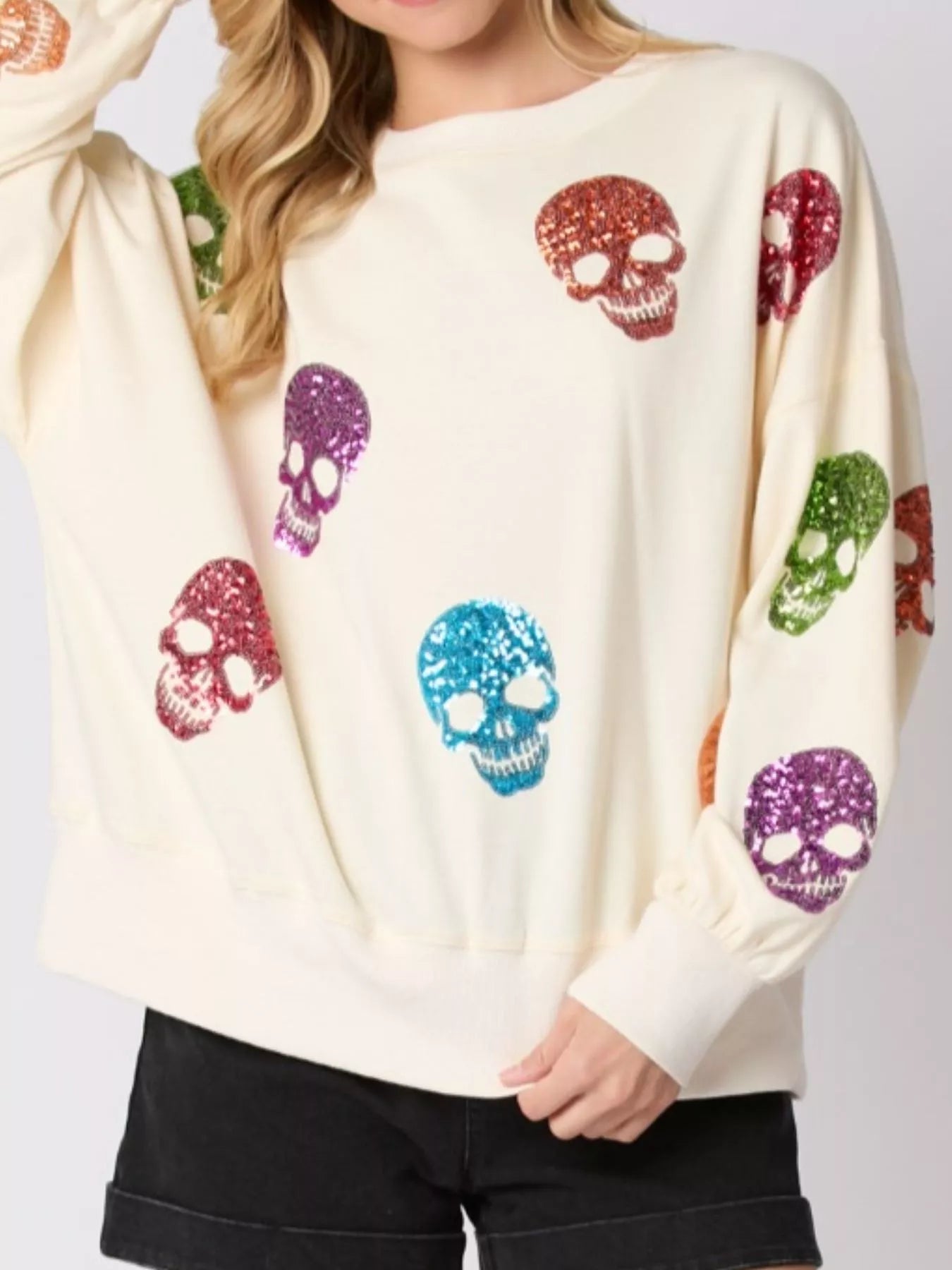 Halloween Colorful Skull Sequin Oversized Sweatshirt OutfitFlow