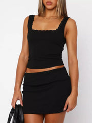 Lace Detail Square Neck Tank and Skirt Set Black OutfitFlow
