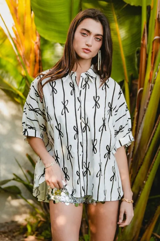 BiBi Bow Ribbon Woven Printed Button Down Shirt OutfitFlow