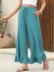 Ruffled Hem Wide Leg Pants Teal OutfitFlow