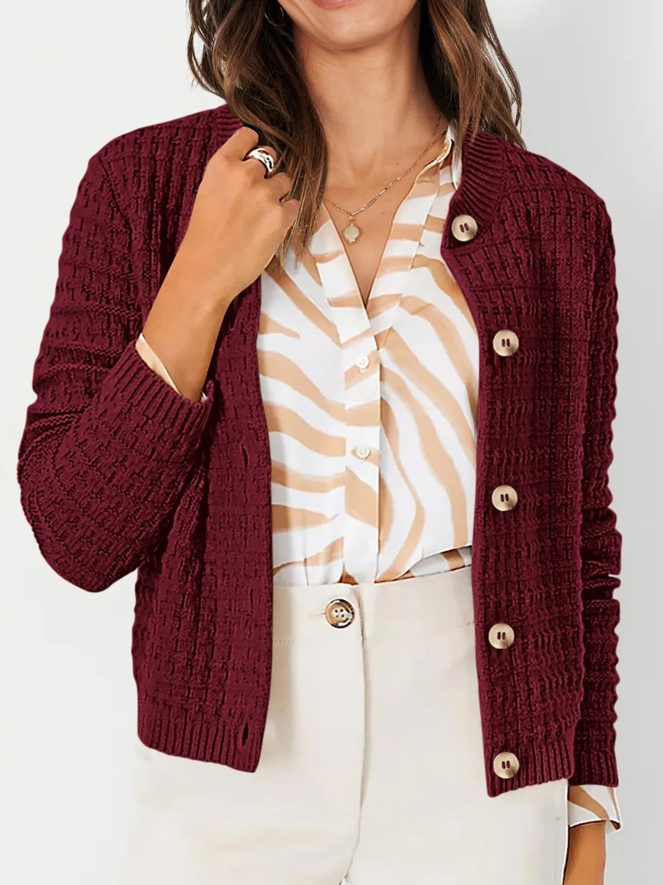 Textured Knit Button-Front Cardigan OutfitFlow