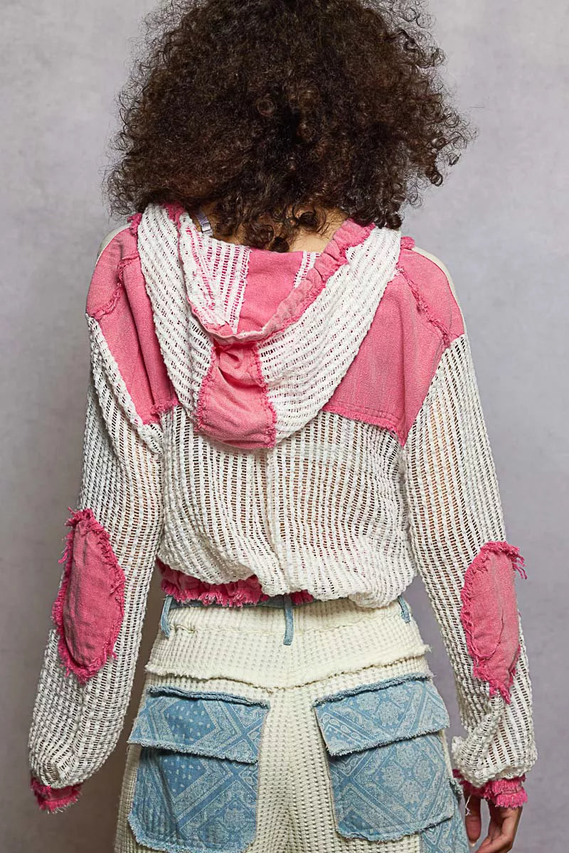POL Texture Woven Button Down Hooded Shirt with Drawstring Hem Trendsi