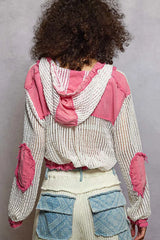 POL Texture Woven Button Down Hooded Shirt with Drawstring Hem Trendsi