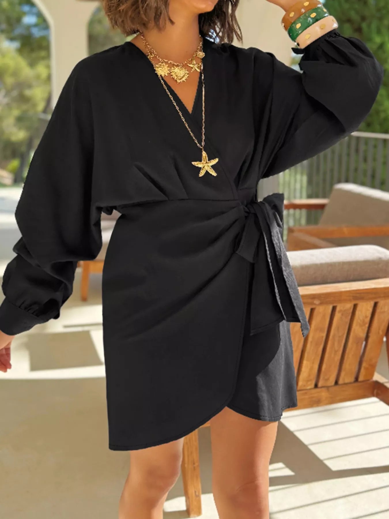 Plus Size Surplice Long Sleeve Wrap Mini Dress Trendsi