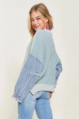 ADORA Plus Size Frayed Denim Sleeve Sweater Top OutfitFlow