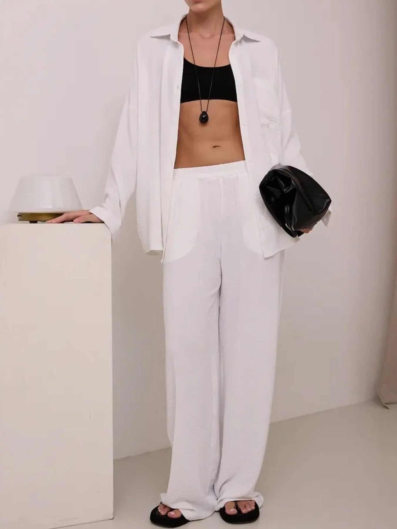 Button Up Long Sleeve Shirt and Pants Set White OutfitFlow