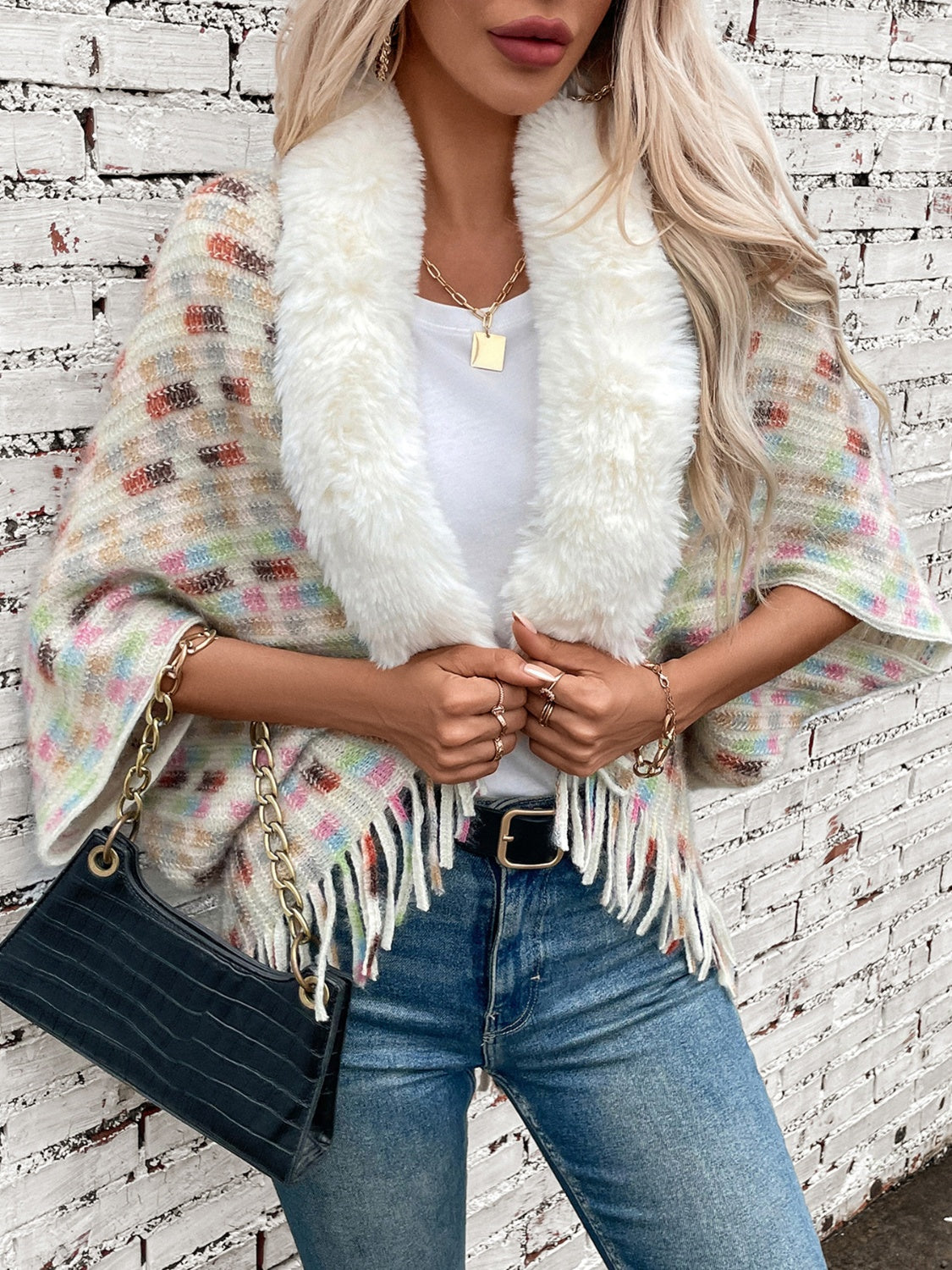 Outfit Flow - Fringe Fuzzy Open Front Poncho