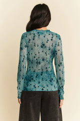 Davi & Dani Floral Mesh Long Sleeve Sheer Layering Top OutfitFlow