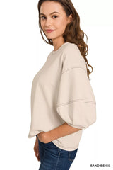Zenana Balloon Sleeve Top with Contrast Stitching OutfitFlow