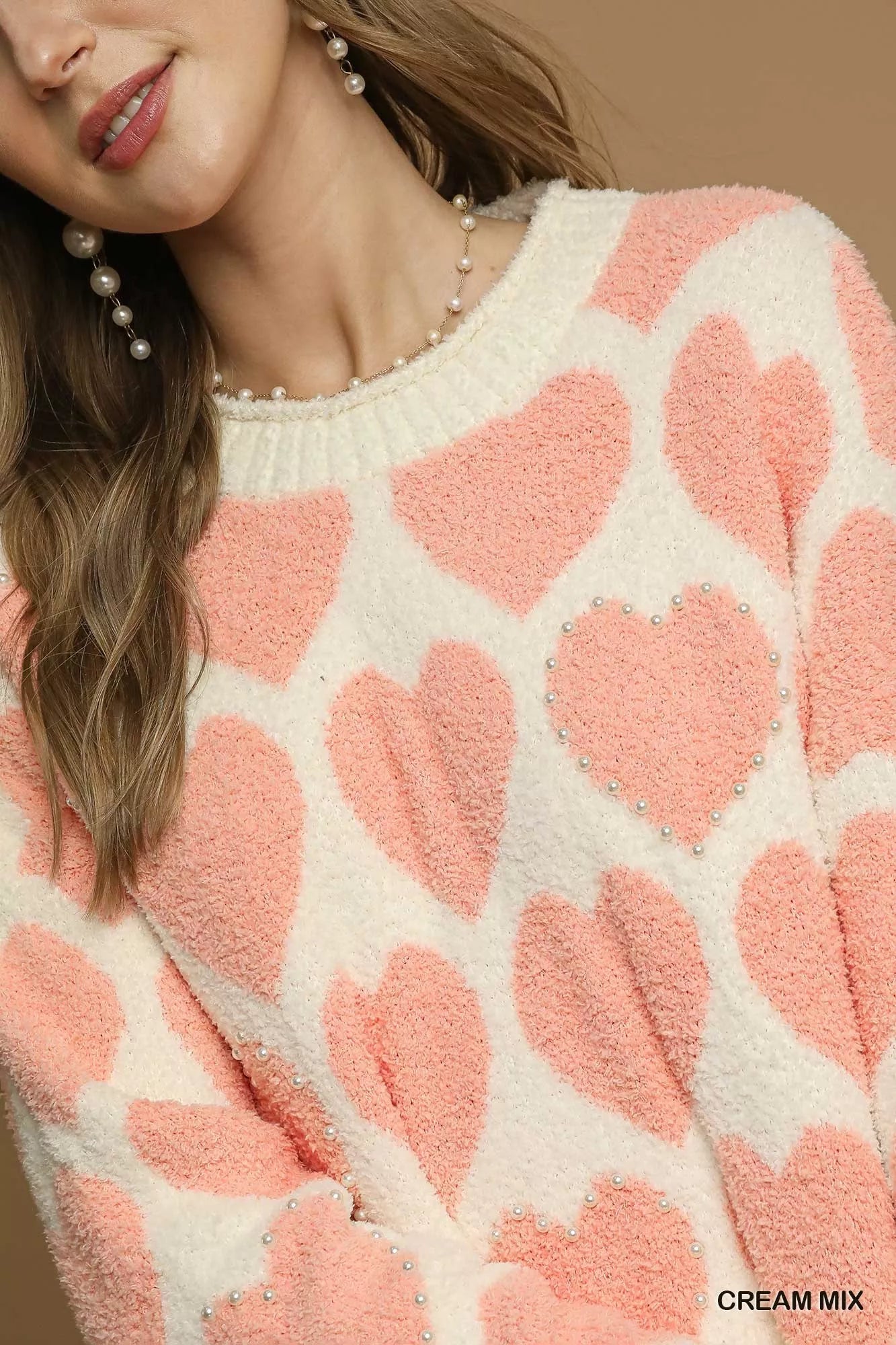 Umgee Mix Heart Pattern Pearl Accent Sweater OutfitFlow