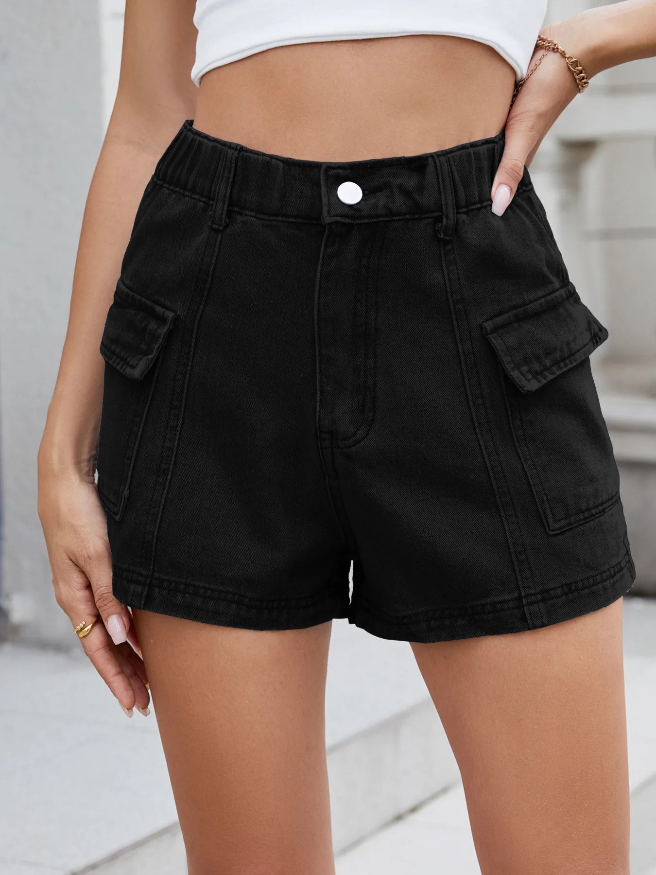 High Waist Cargo Denim Shorts OutfitFlow