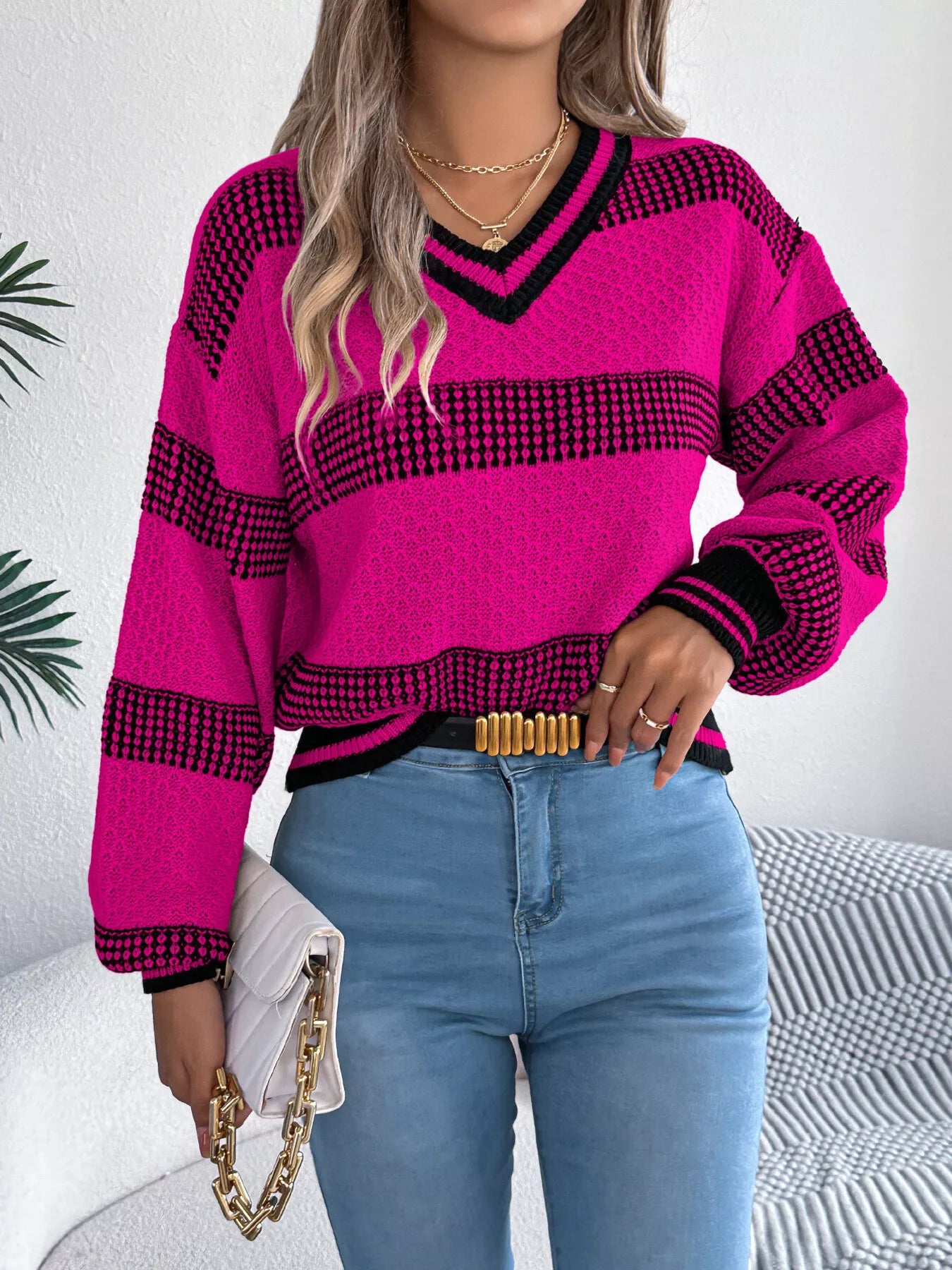 Contrast Striped V-Neck Sweater OutfitFlow