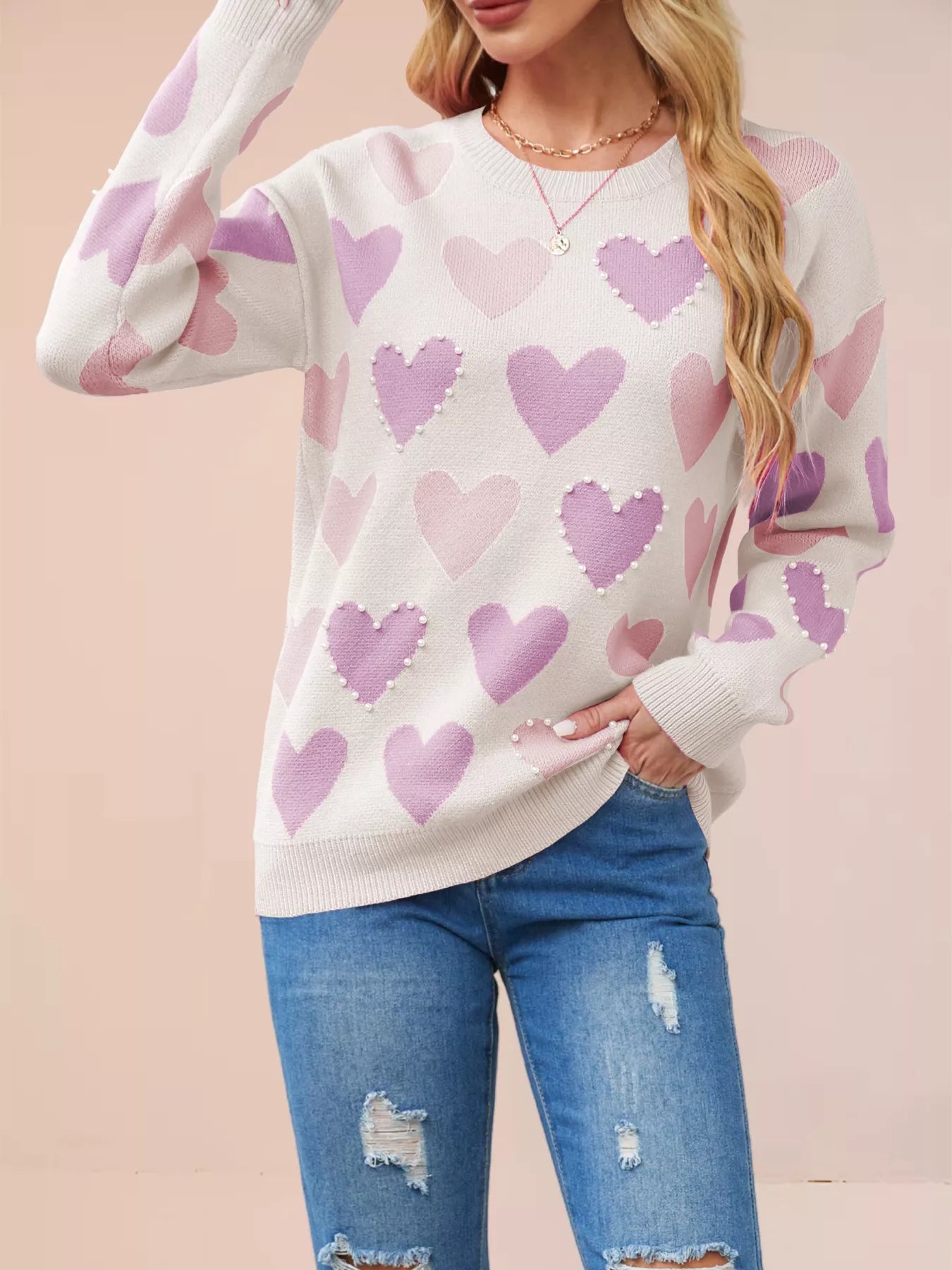 Heart Pattern Beaded Round Neck Sweater OutfitFlow