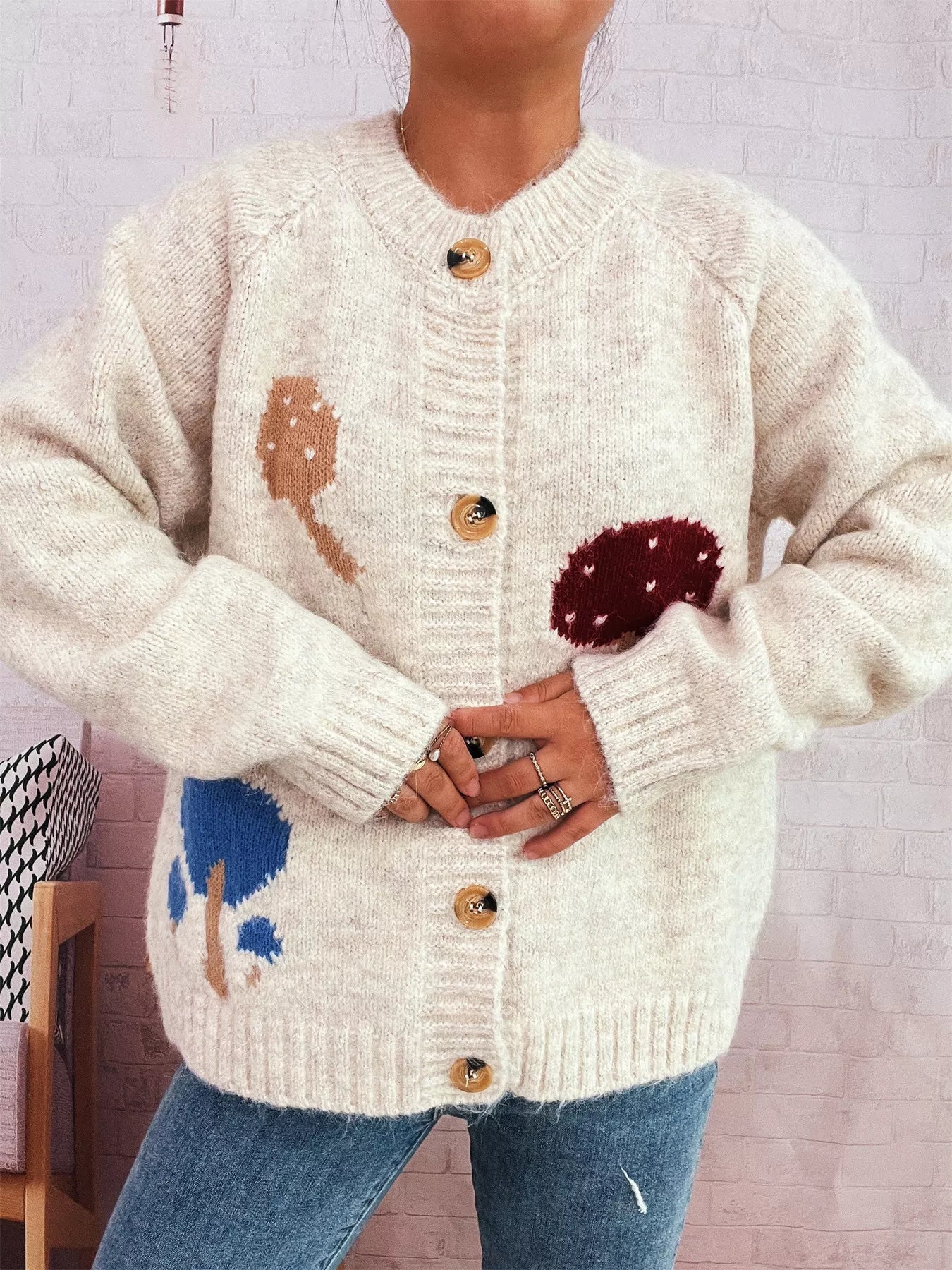 Mushroom Pattern Button-Up Cozy Knit Cardigan OutfitFlow